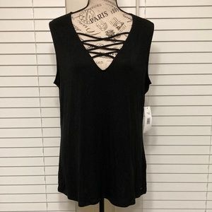 Tahari NWT Angela knit sleeveless deep lattice v neck top Sz Large